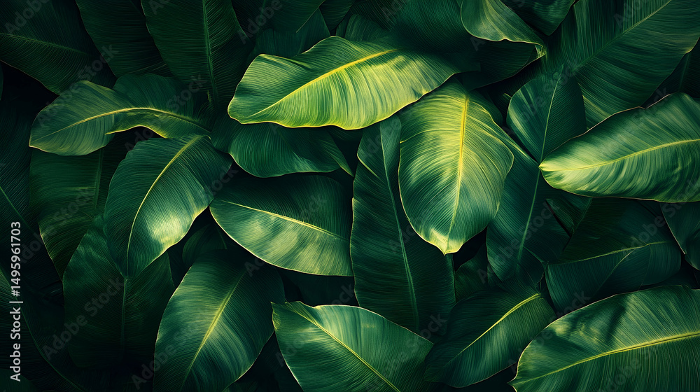 Fototapeta premium Close-up view of lush green tropical leaves.