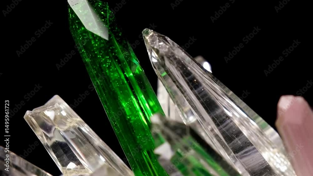Macro shot showing colorful crystal formations with pink, green and clear pointy structures against a solid black background
