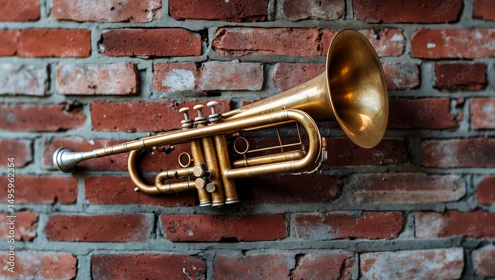 Fototapeta premium Old trumpet leaning against warm brick wall