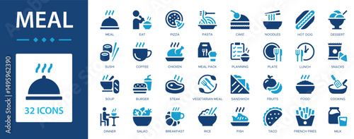 Meal flat icons collection. Eat, dinner, food, steak, soup, salad, rice, sushi, coffee, pizza, milk, hot dog, snacks, cake, fruits sign set.