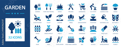 Garden flat icons collection. Trees, fence, grass, gardening, plant, lowers, gardener, shrub, butterfly, bee, shovel sign set.