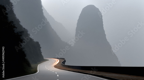Atmospheric landscape with a winding mountain road and blurred car lights. Evokes travel, adventure, and mysterious journeys. Ideal for travel blogs and creative projects.