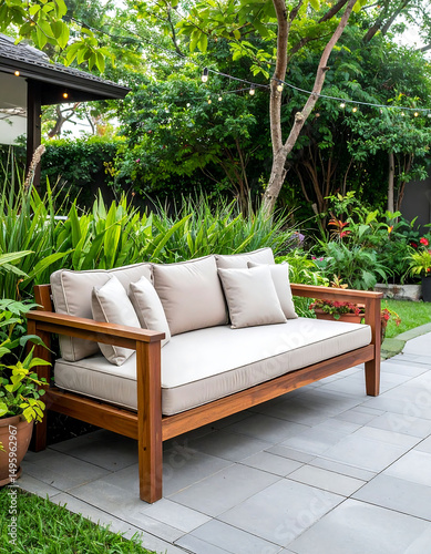 Inviting outdoor scene featuring a wooden sofa with soft cushions in a lush green garden. Perfect for illustrating relaxation, backyard living, or home improvement projects.