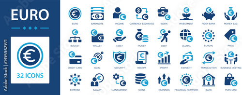 Euro flat icons collection. Banknote, income, budget, wallet, asset, money, coins, credit card, investment, financial network, payment, business sign set.