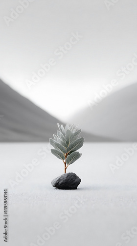 Minimalist monochrome image of a tiny tree sapling growing from a rock in a desolate landscape. Symbolizes hope, resilience, new beginnings. Ideal for environmental, personal growth themes.