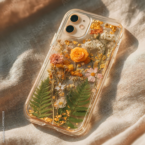 Botanical beauty meets tech in this phone case featuring dried flowers and gold leaf. Symbolizes nature, protection, and personalization. Ideal for lifestyle content.