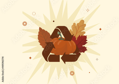 Sustainable Autumn Recycling Concept with Pumpkin. Eco-friendly recycling symbol with orange pumpkin. Eco-friendly autumn season. Sustainable halloween. Flat style. Vector illustration