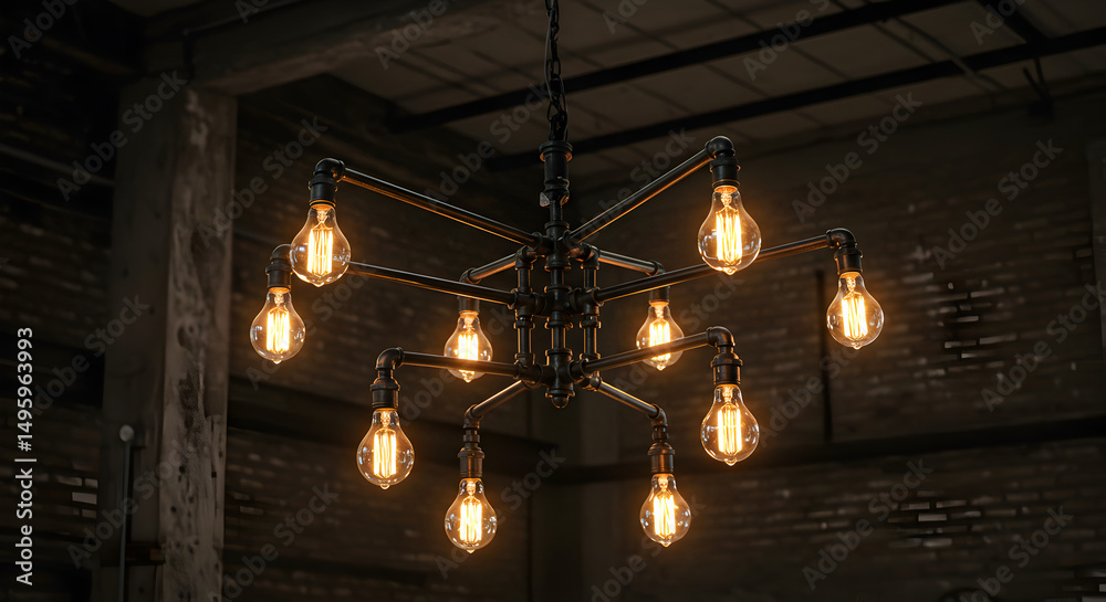 Fototapeta premium Elegant Industrial Chandelier With Glowing Edison Bulbs For Atmospheric Illumination