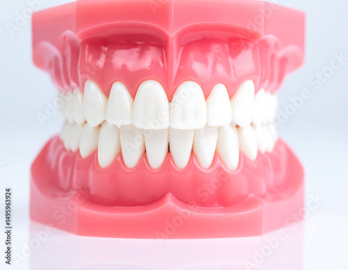 Dental model showing perfect teeth and gums. Symbol of oral hygiene, dental care, education, and anatomical study. Useful for presentations, articles, or ads.
