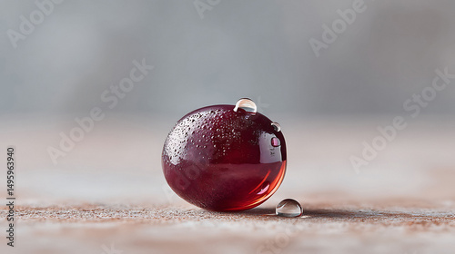 Detailed macro shot of a juicy red grape with water droplets. Evokes freshness, natural beauty, and healthy eating. Ideal for food blogs, wellness websites,  packaging.