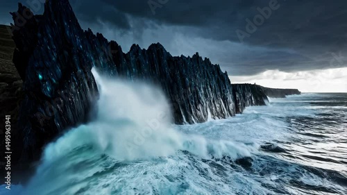 Dramatic ocean waves crash against a rugged dark rock face under stormy skies, creating dynamic seascapes and ominous atmosphere.