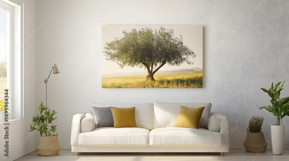 Fototapeta premium Contemporary home decor featuring olive tree against soft background