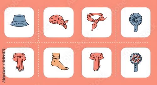 Stylish Summer Accessories Hats, Scarves, Neck Ties & Handheld Fans - Summer Fashion Icon Set