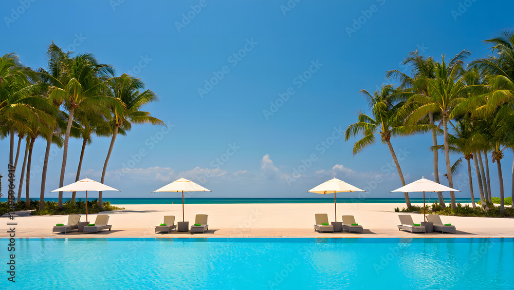 Fototapeta premium Luxurious beach resort with swimming pool and beach chairs or loungers umbrellas with palm trees and blue sky