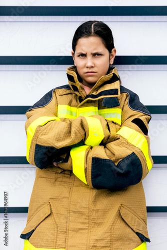 Girl wearing firefighter suit with determined expression