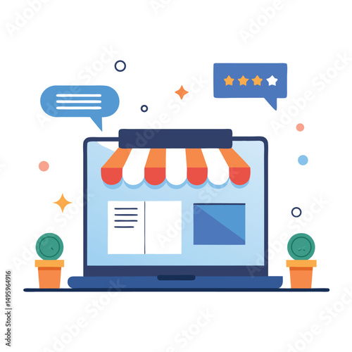 Online Store Laptop Concept Illustration with Reviews and Chat