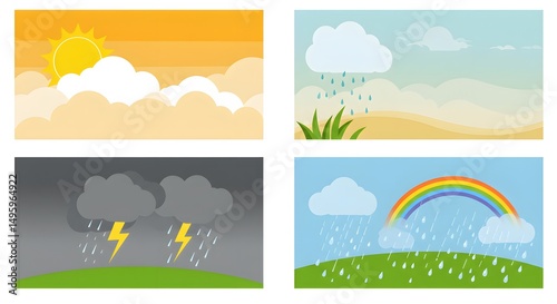 Vibrant Weather Illustrations Sun, Rain, Clouds, Thunderstorms, and Rainbows