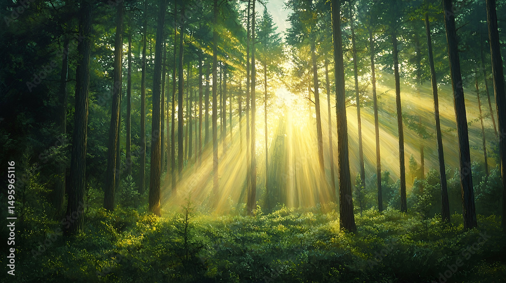 Fototapeta premium Sunlight streams through a dense forest.