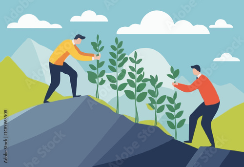 Team achievement, teamwork to success together, colleagues support or leadership to lead team to overcome challenge, cooperation concept, business people team member help others reach mountain pea