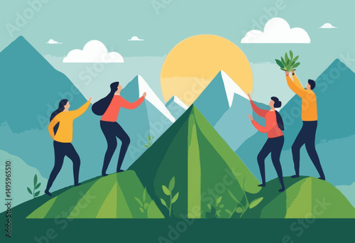Team achievement, teamwork to success together, colleagues support or leadership to lead team to overcome challenge, cooperation concept, business people team member help others reach mountain pea