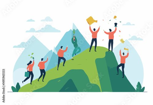 Team achievement, teamwork to success together, colleagues support or leadership to lead team to overcome challenge, cooperation concept, business people team member help others reach mountain pea
