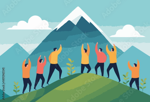 Team achievement, teamwork to success together, colleagues support or leadership to lead team to overcome challenge, cooperation concept, business people team member help others reach mountain pea
