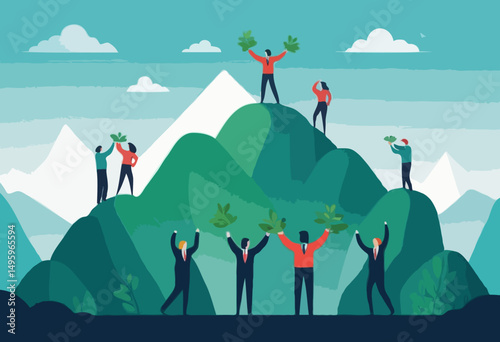 Team achievement, teamwork to success together, colleagues support or leadership to lead team to overcome challenge, cooperation concept, business people team member help others reach mountain pea