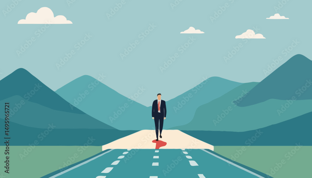 Success roadmap journey, milestone or career path achievement, route or pathway to achieve goals, accomplishment, assessment or way to success, businessman look at achievement milestone to succes