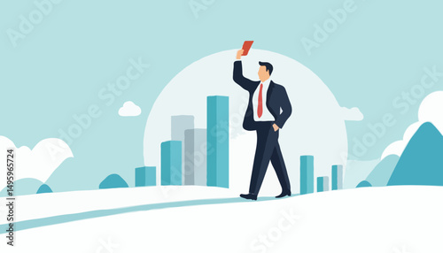 Success roadmap journey, milestone or career path achievement, route or pathway to achieve goals, accomplishment, assessment or way to success, businessman look at achievement milestone to succes