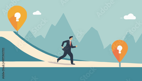 Success roadmap journey, milestone or career path achievement, route or pathway to achieve goals, accomplishment, assessment or way to success, businessman look at achievement milestone to succes