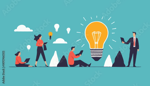 Entrepreneur business idea creating startup company, start new business with creativity, innovation, company founder, inventor or development, businessman connect lightbulb idea with launching rocke