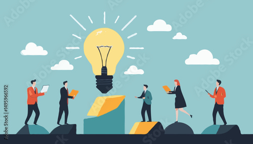 Entrepreneur business idea creating startup company, start new business with creativity, innovation, company founder, inventor or development, businessman connect lightbulb idea with launching rocke