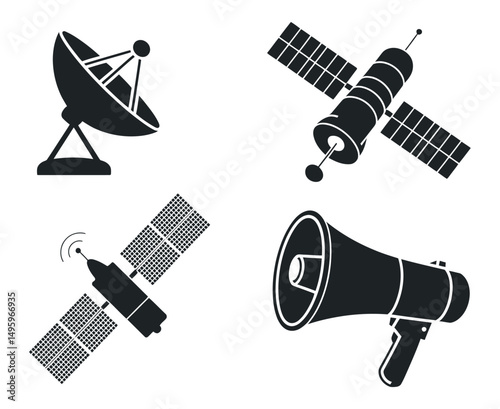 Satellite Communication Technology Icons Set Satellite Dish Spacecraft and Megaphone for Broadcasting