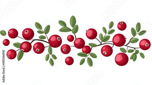 A vibrant illustration of red berries and green leaves on a white background.
