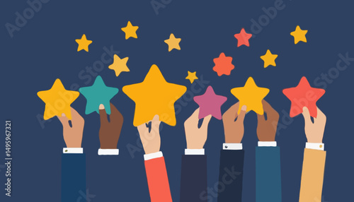 Employee survey, customer feedback rating or performance review, five stars service, best experience or feedback and engagement concept, business people employees holding 5 stars rating feedback