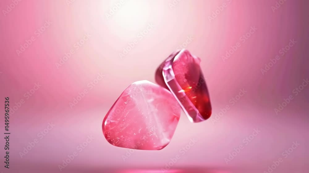 Two clear pink irregular crystalline shapes on a light pink gradient background, translucent rock formations, soft lighting, minimal composition, macro view.