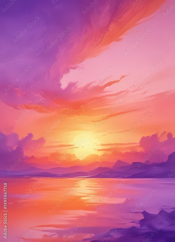 Fototapeta premium Fluid orange and purple watercolor wash, creating a dreamy sunset effect , atmospheric, fine art
