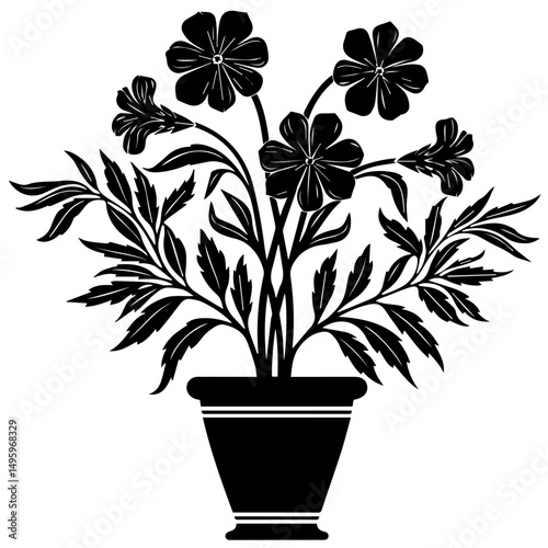 Black silhouette of a potted flowering plant with broad leaves and five-petal blossoms, centered on a white background. Decorative floral design ideal for prints, crafts, or botanical themes.