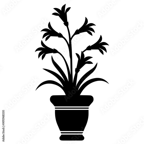 Black silhouette of a potted flowering plant with broad leaves and five-petal blossoms, centered on a white background. Decorative floral design ideal for prints, crafts, or botanical themes.