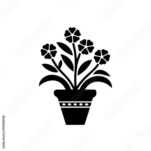 Black silhouette of a potted flowering plant with broad leaves and five-petal blossoms, centered on a white background. Decorative floral design ideal for prints, crafts, or botanical themes.