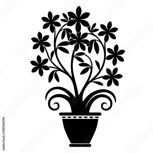 Black silhouette of a potted flowering plant with broad leaves and five-petal blossoms, centered on a white background. Decorative floral design ideal for prints, crafts, or botanical themes.
