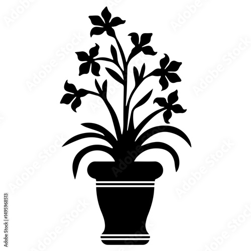 Black silhouette of a potted flowering plant with broad leaves and five-petal blossoms, centered on a white background. Decorative floral design ideal for prints, crafts, or botanical themes.