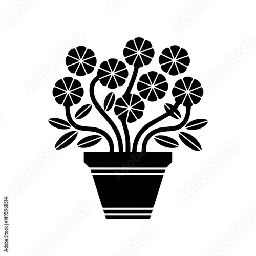 Black silhouette of a potted flowering plant with broad leaves and five-petal blossoms, centered on a white background. Decorative floral design ideal for prints, crafts, or botanical themes.