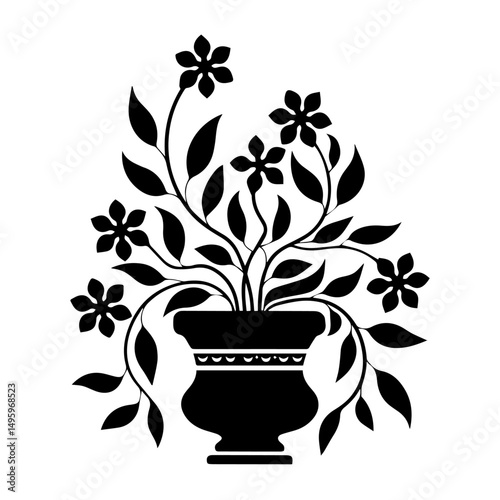 Black silhouette of a potted flowering plant with broad leaves and five-petal blossoms, centered on a white background. Decorative floral design ideal for prints, crafts, or botanical themes.