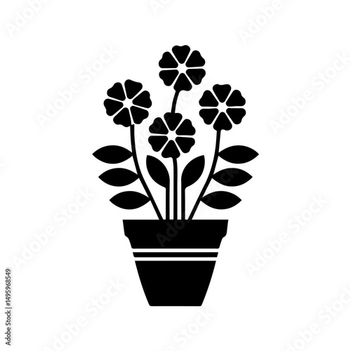 Black silhouette of a potted flowering plant with broad leaves and five-petal blossoms, centered on a white background. Decorative floral design ideal for prints, crafts, or botanical themes.