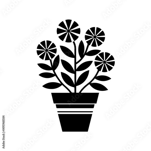 Black silhouette of a potted flowering plant with broad leaves and five-petal blossoms, centered on a white background. Decorative floral design ideal for prints, crafts, or botanical themes.