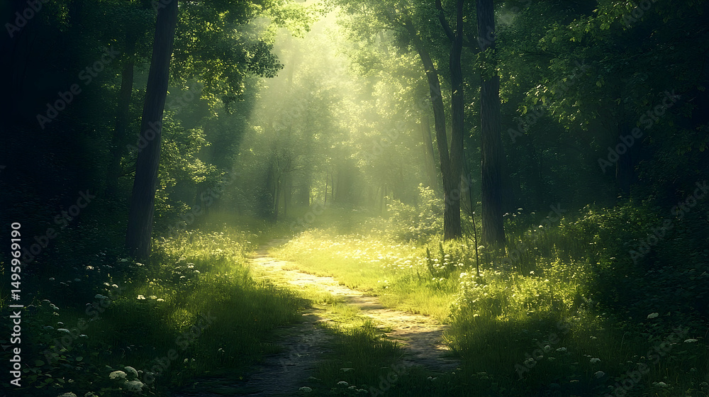 Obraz premium Sunlight streams down a pathway through a tranquil forest.