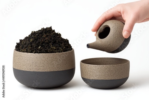 Herbal tea is poured into a bowl from an enamel pot containing herbs