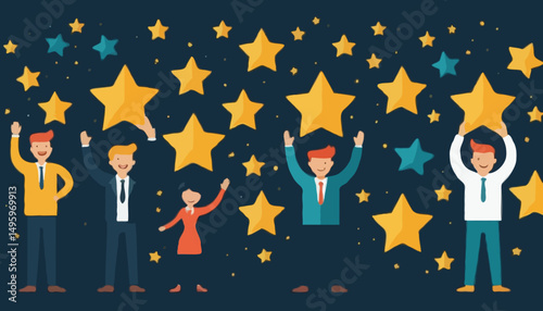 Employee engagement, commitment or motivation to success with company, staff dedication or job satisfaction, productivity or employee recognition, business people employee with stars and happy rewar