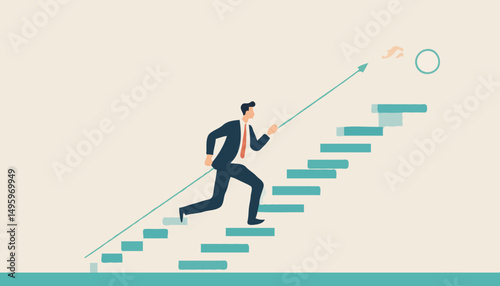 Step or progress to success and reach goal target, leadership to improve personal development, ladder or staircase to achieve goal, aspiration or career path, businessman run up stair to succes